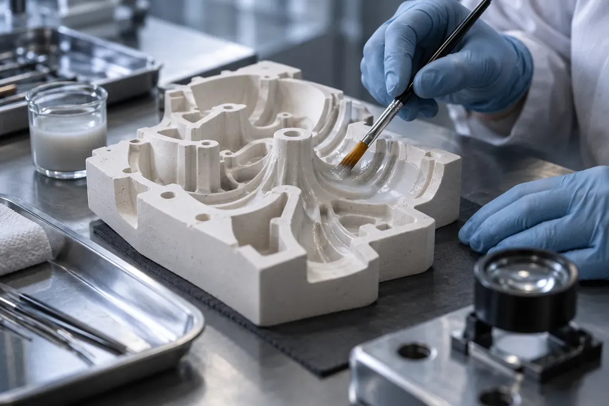 Precision applicator coating a complex ceramic mold with an inspection loupe on an anonymous laboratory bench