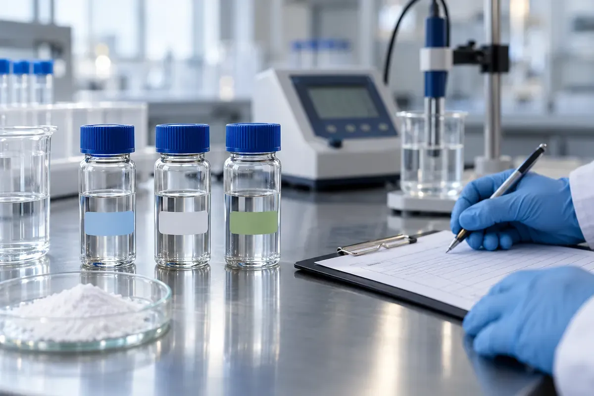 Sample vials, silica powder and a checklist arranged for a materials-laboratory acceptance review