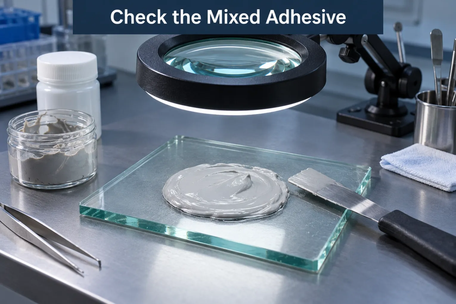 Pale mineral-filled epoxy paste on a mixing slab beneath a magnifier