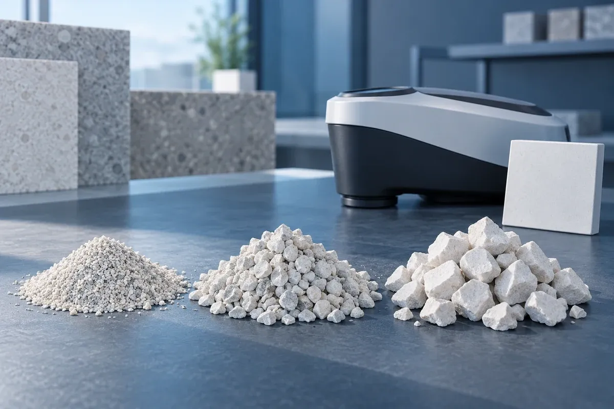 Illustrative aggregate size bands with a colour-measurement instrument and white reference tile