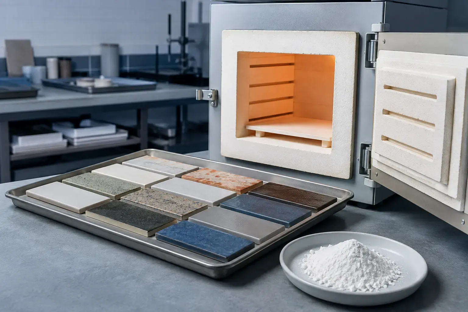 Cristobalite powder ceramic glaze firing evaluation with enamel test panels