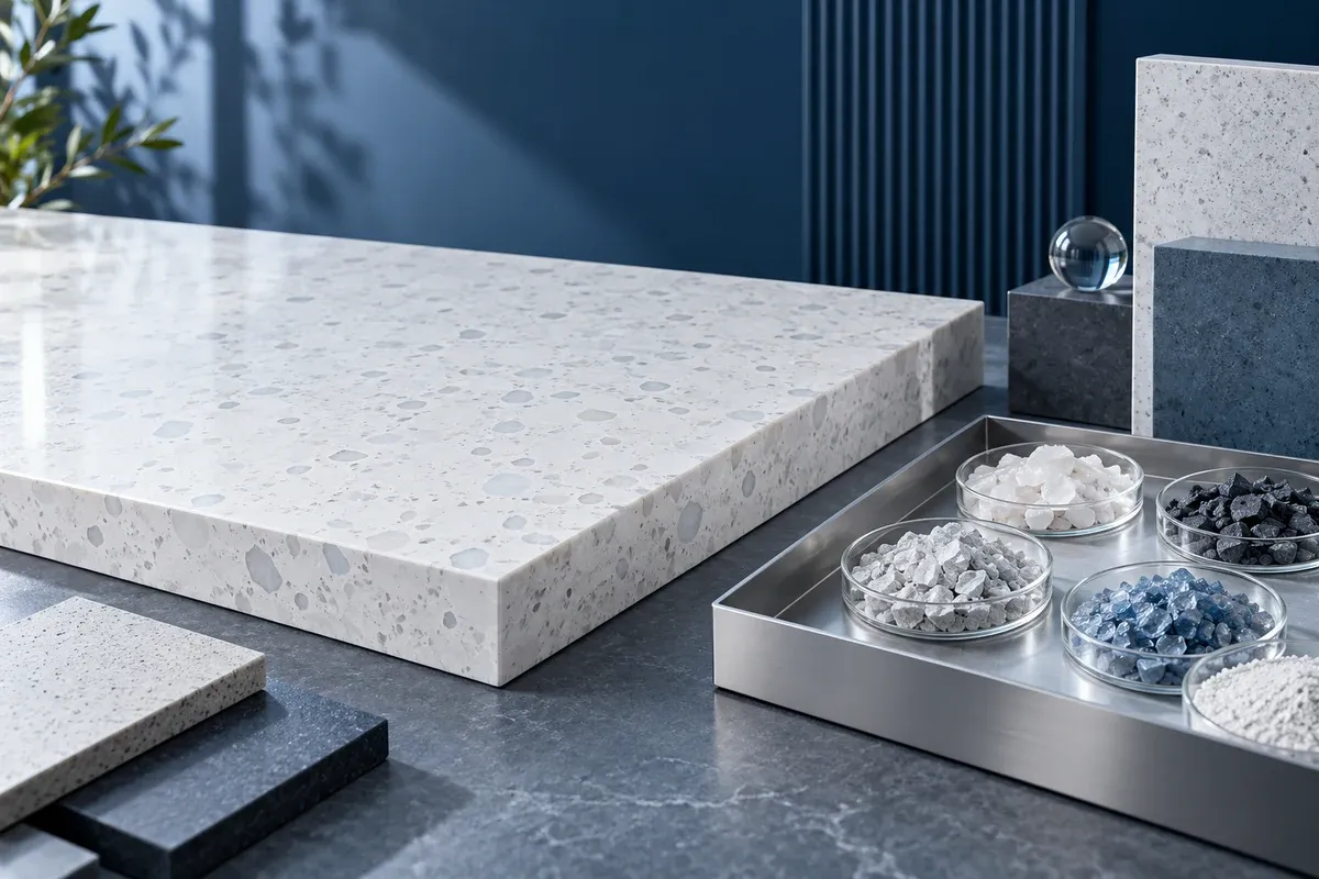 White engineered-stone slab and separate aggregate inspection tray; illustrative quality-control scene