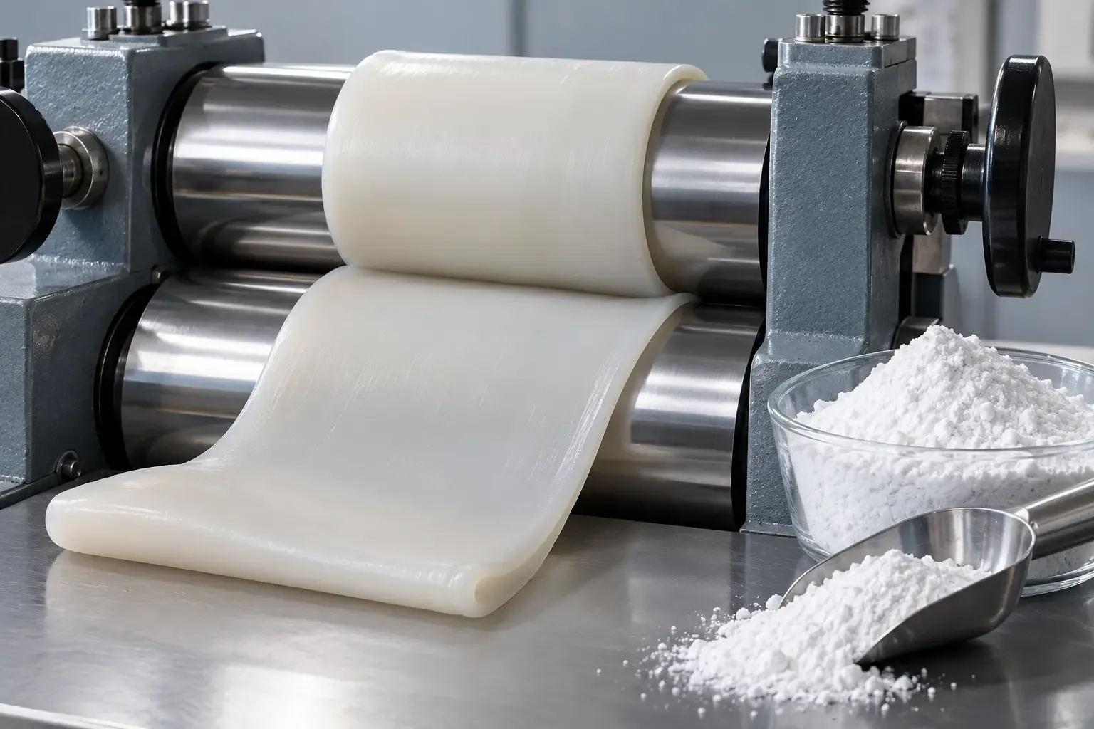 Calcined cristobalite mixed into silicone rubber on a laboratory two-roll mill