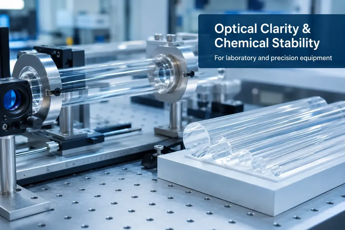 Clear quartz tubes and rods used in optical and laboratory precision equipment