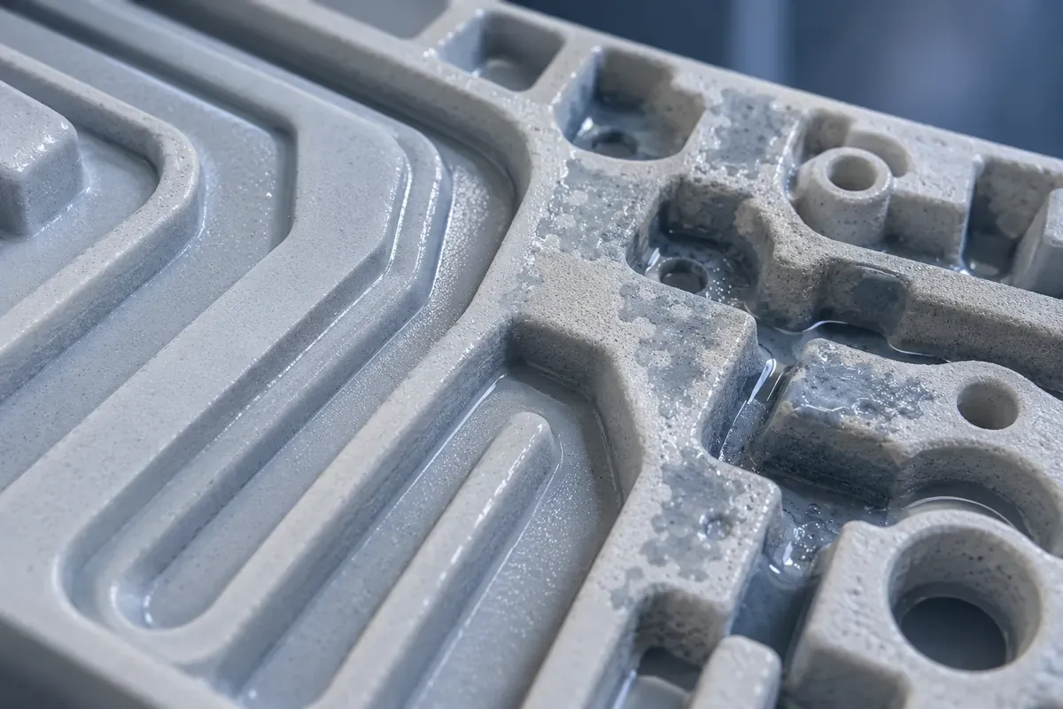 Ceramic channel surface showing even thin wash coverage beside patchy wetting and pooling in recessed microfeatures