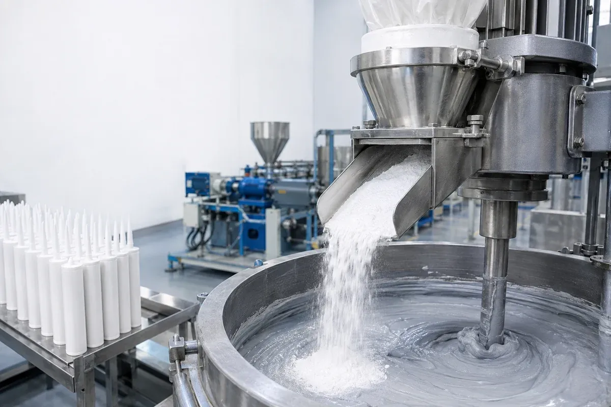 Silane-treated silica powder dispersed into an industrial sealant mixing vessel