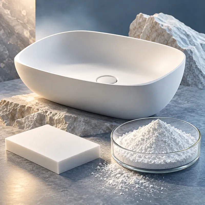 Conceptual acrylic mineral-cast sink and coupon beside cristobalite powder