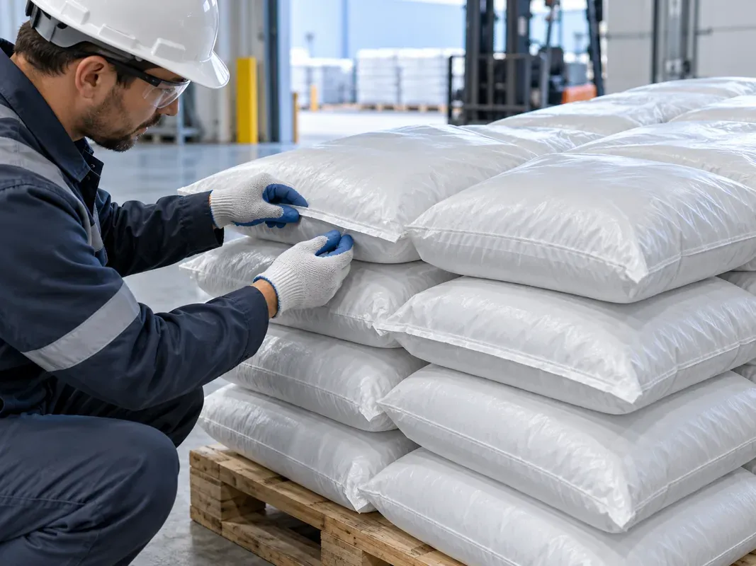 Worker inspecting the seam of stacked small powder bags