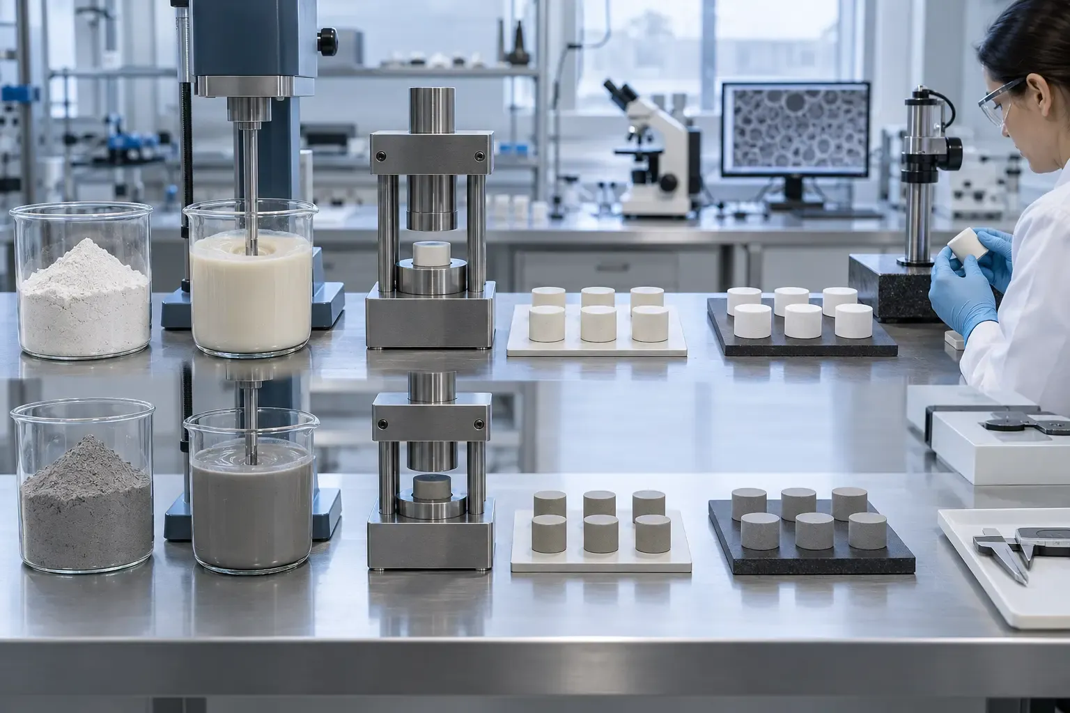 Control and candidate ceramic-body batches compared during mixing and forming