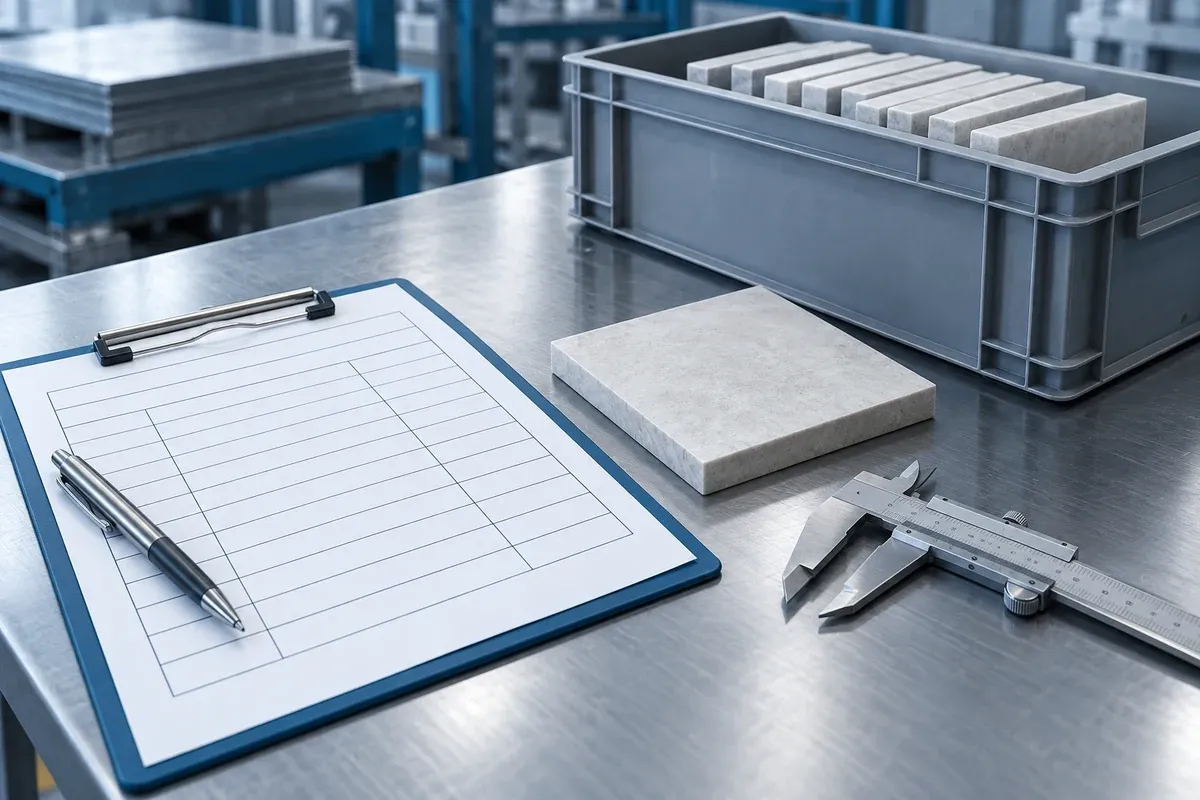 Blank trial traveller, calipers, batch container and slab coupon arranged for a controlled trial