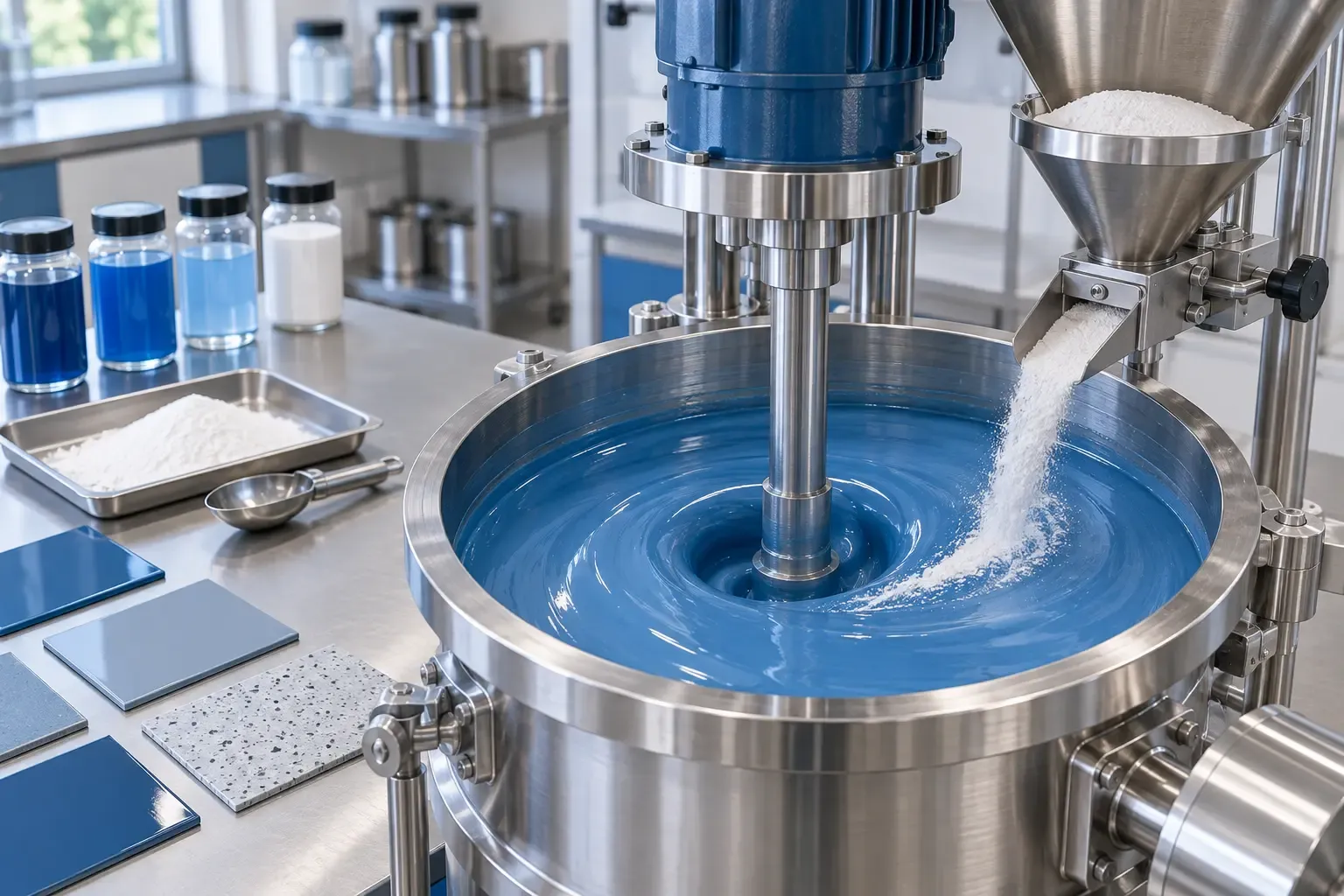 Surface-treated quartz powder mixed into blue epoxy flooring resin