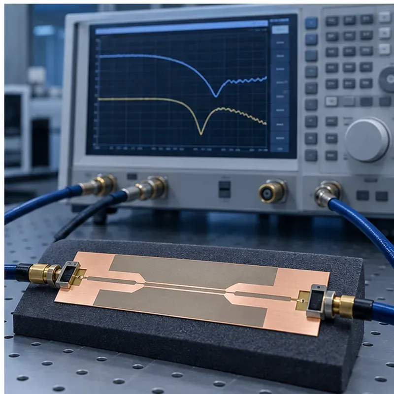 High-frequency RF test coupon connected to a vector network analyzer during laminate evaluation