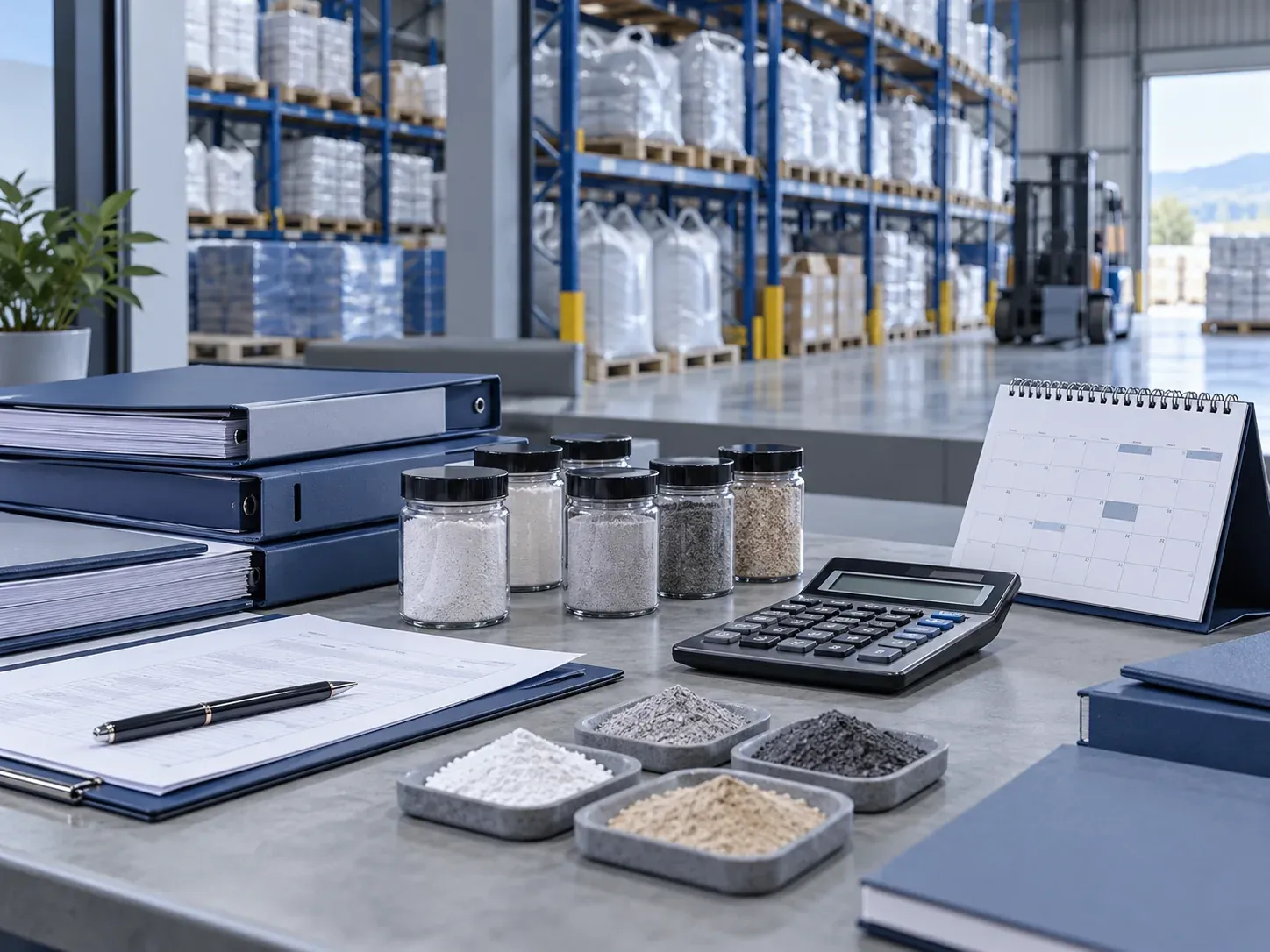 Powder sample jars, calculator and order folders arranged for a repeat-order review