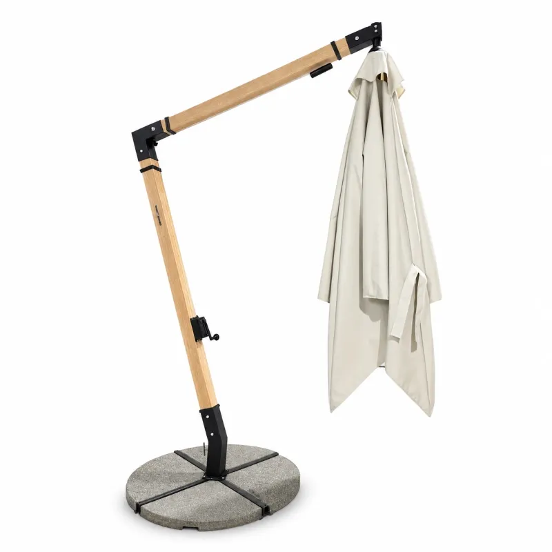 Commercial wood-look aluminum cantilever umbrella in closed position