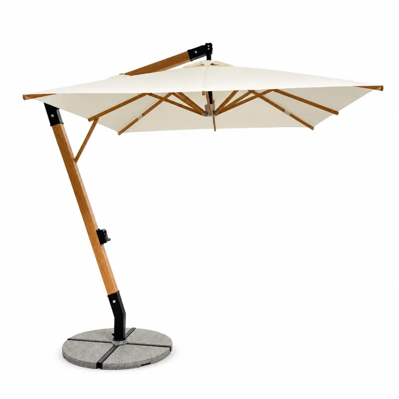 Commercial wood-look aluminum cantilever umbrella in open position