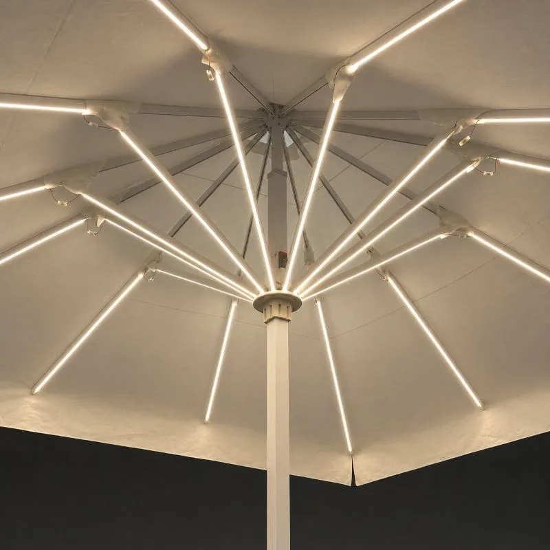 Integrated LED lighting and frame detail under commercial umbrella