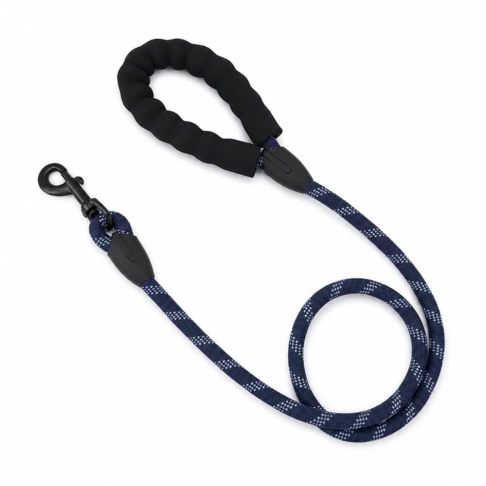 navy reflective rope dog leash with soft padded handle and black hook