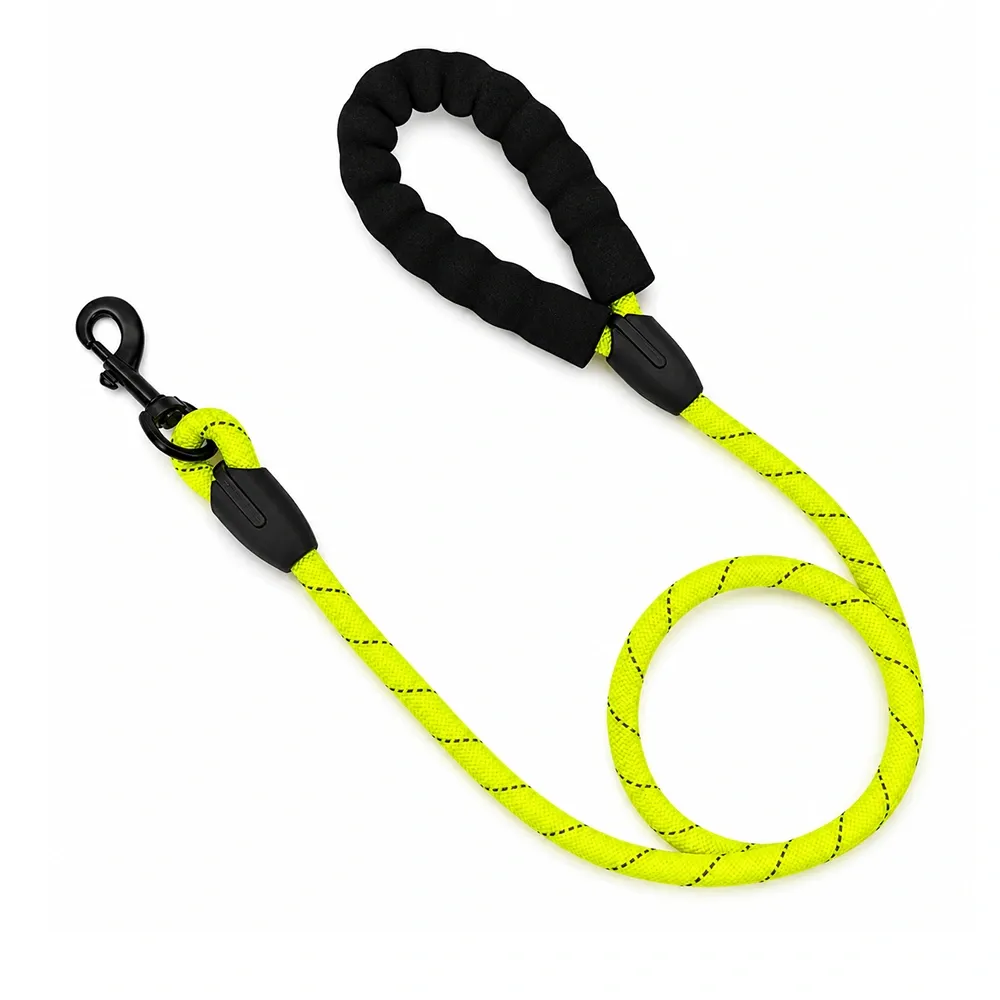 Neon yellow reflective rope dog leash with black padded handle and swivel snap hook.