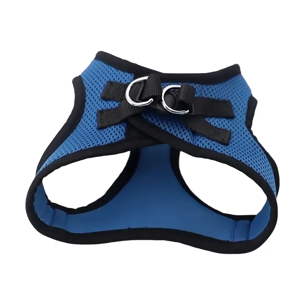 Inner view of blue step-in mesh dog harness showing breathable mesh body and bound leg openings