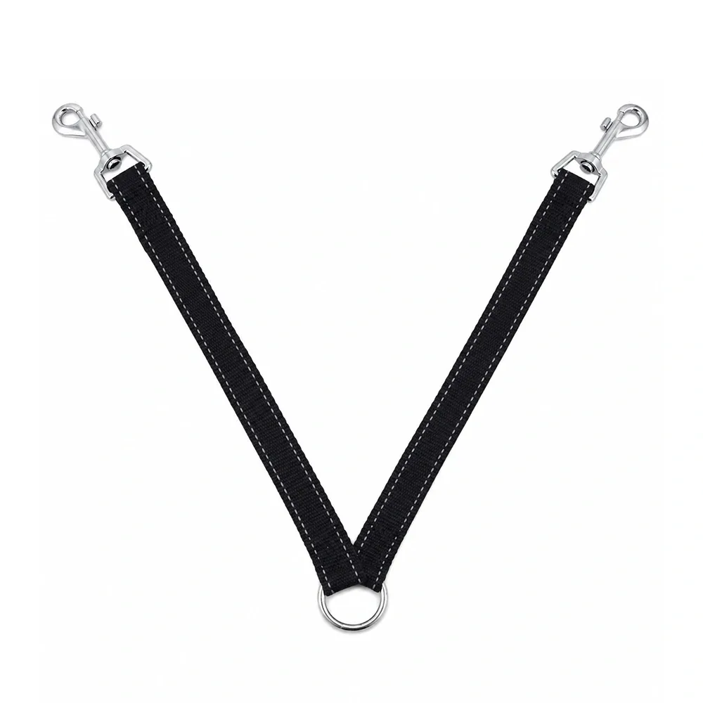 black reflective double dog leash 2-way coupler with dual hooks and center O-ring