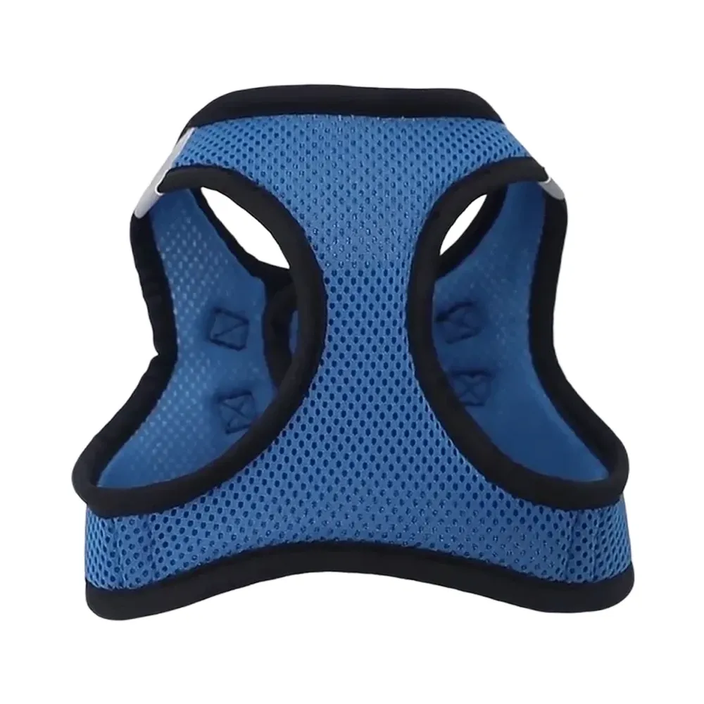 Blue step-in mesh dog harness with double rear D-rings, hook-and-loop closure and quick-release buckle