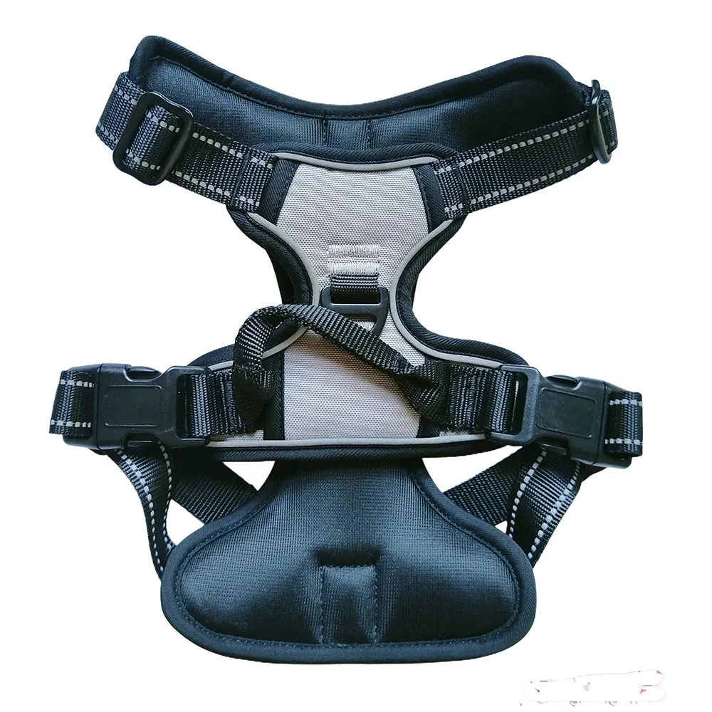Gray reflective dog harness with black buckles and adjustable straps