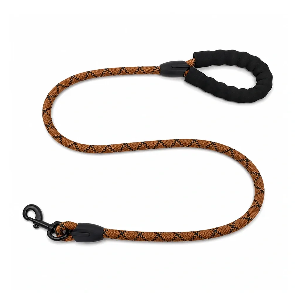 brown patterned polyester rope dog leash with soft padded handle and black swivel hook