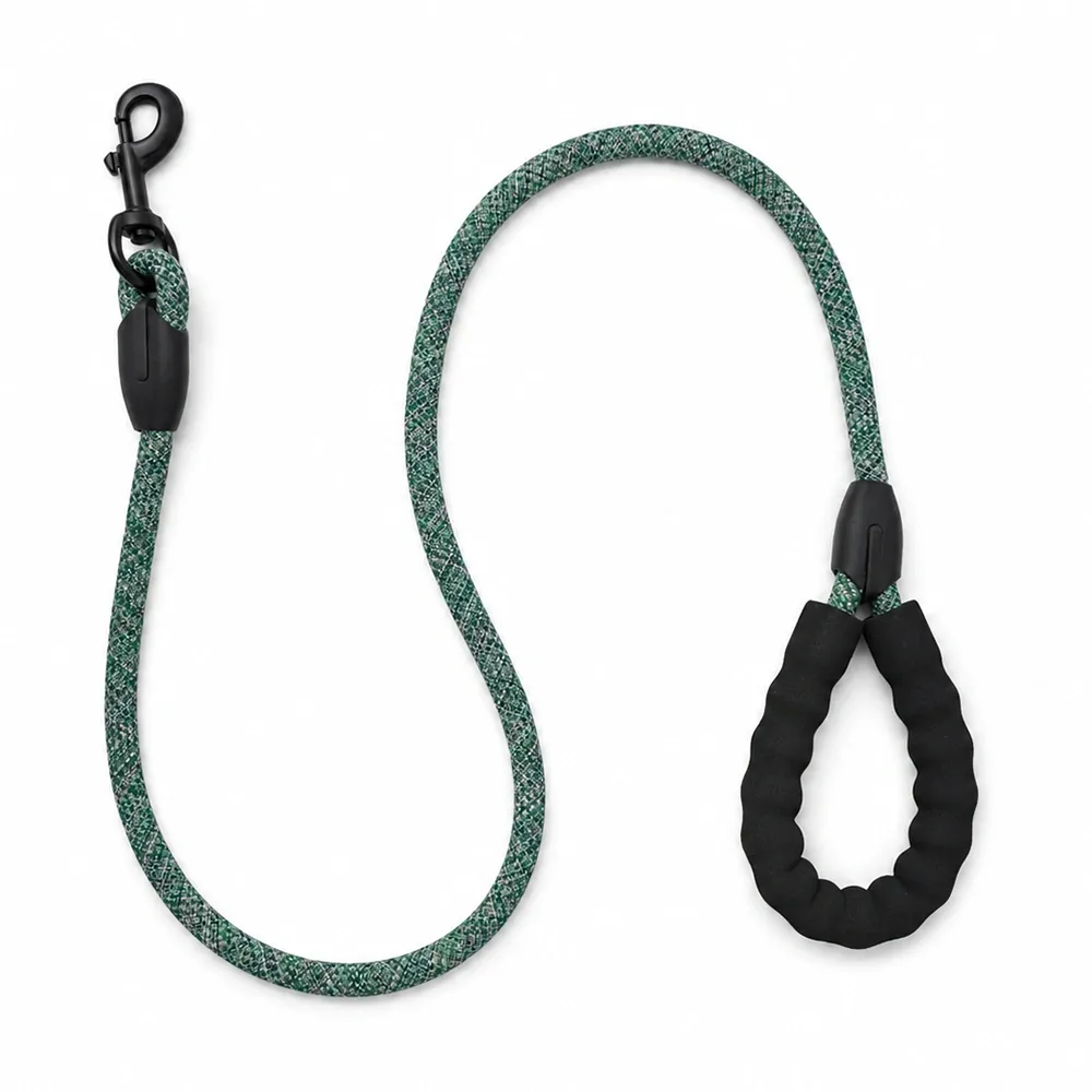 green mixed-color rope dog leash with padded handle and black swivel hook