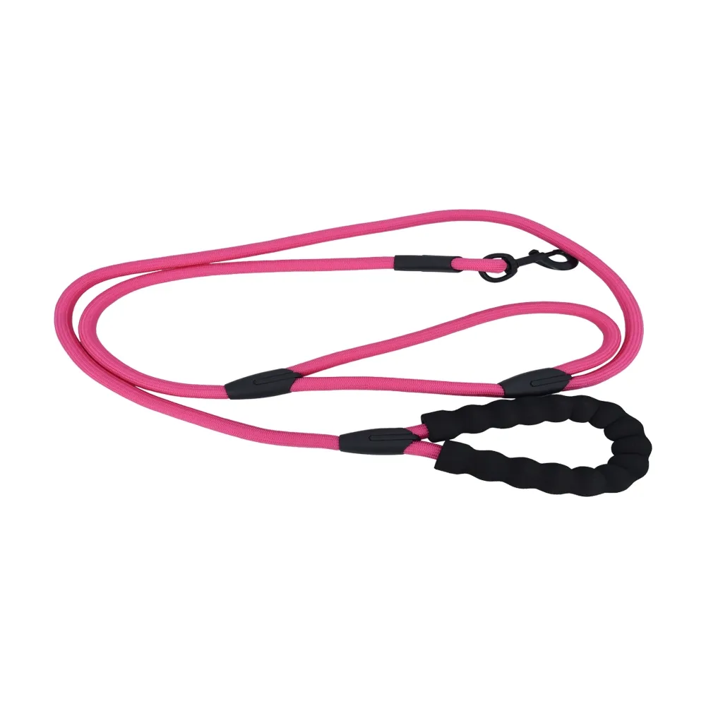 pink dual handle rope dog leash with soft padded handle and black swivel hook