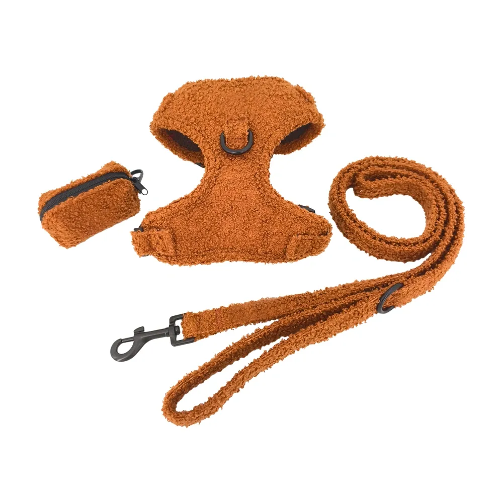 Caramel teddy fleece dog harness and leash set with matching pouch