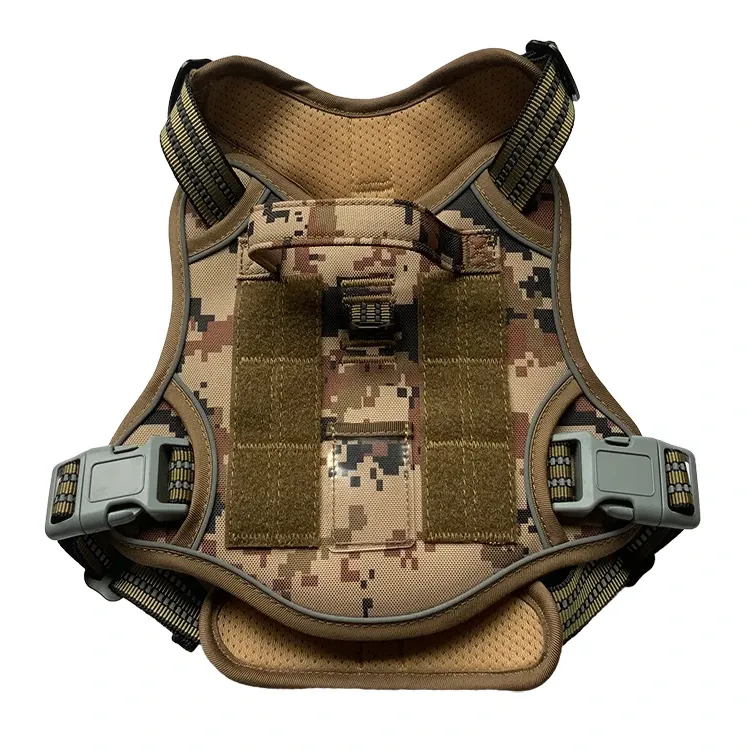 Heavy duty tactical dog harness with camo body, reinforced top handle, hook-and-loop panels and ID window