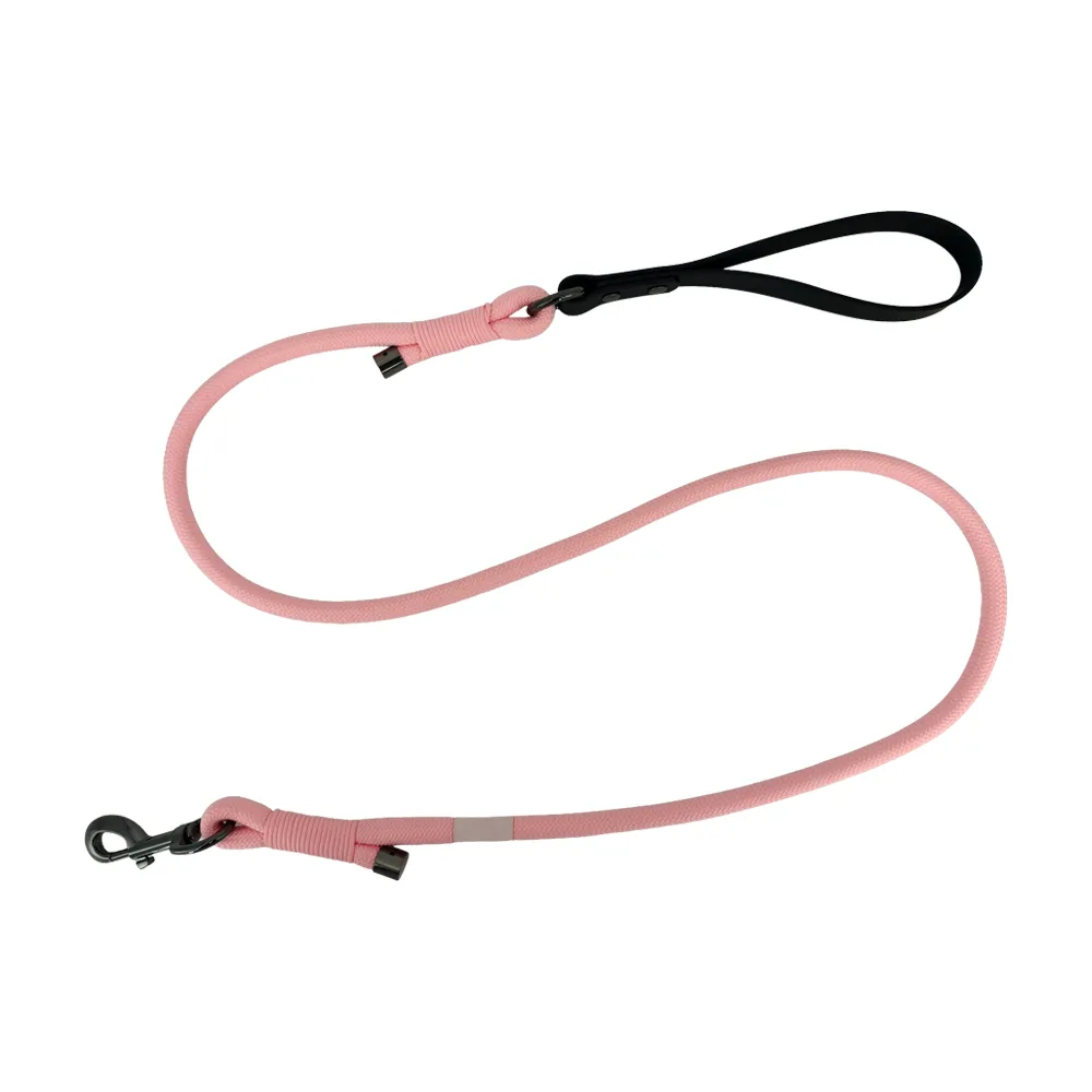 pink rope dog leash with easy-clean PVC coated handle and black swivel hook