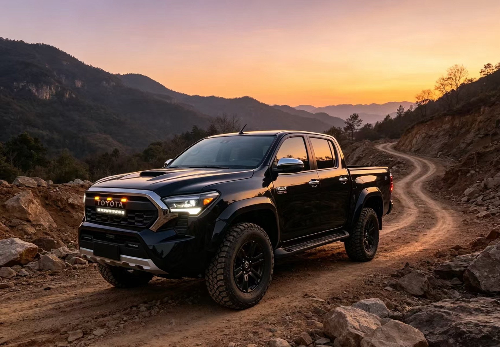 Black Toyota pickup with LED grille conversion at dusk