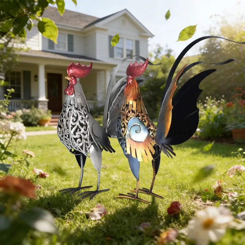 metal-rooster-garden-sculpture-pair