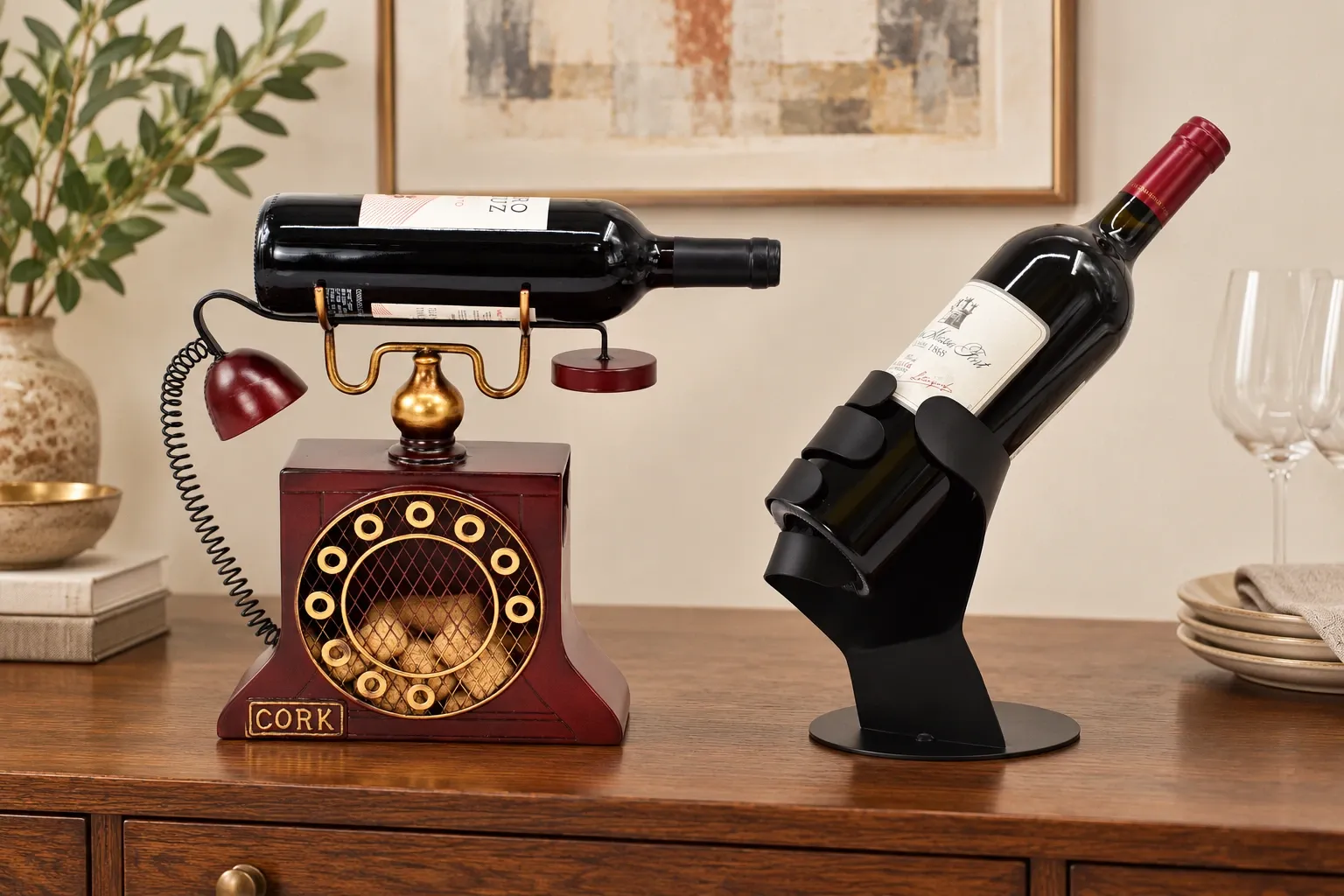 metal-wine-holders-telephone-and-hand-display
