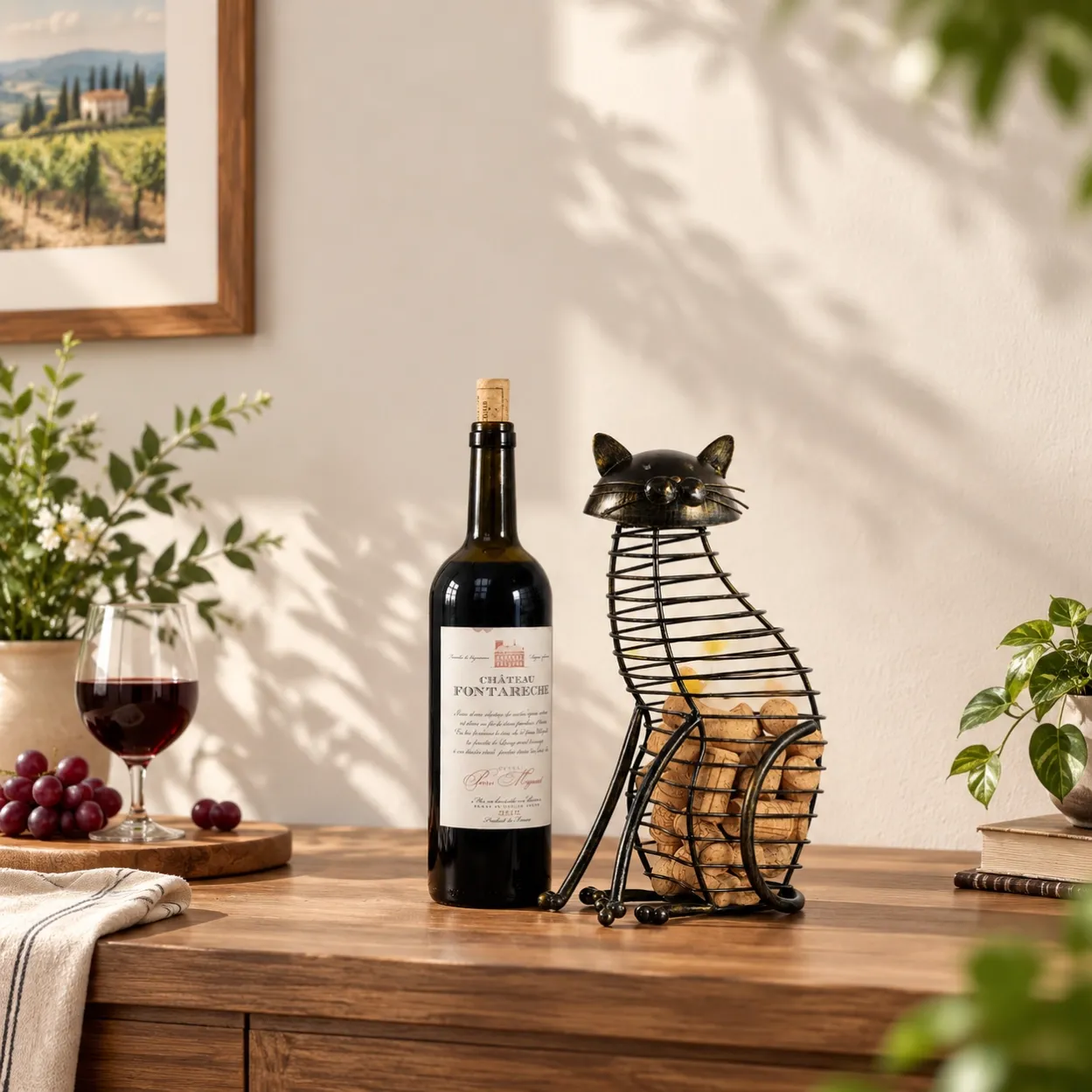 Sitting Cat Metal Wine Cork Holder for Home Decor