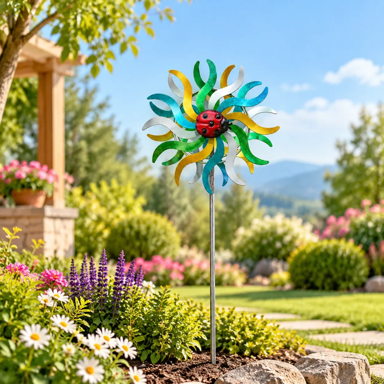 Iron Art Craft Outdoor 3D Sunflower Wind Spinner
