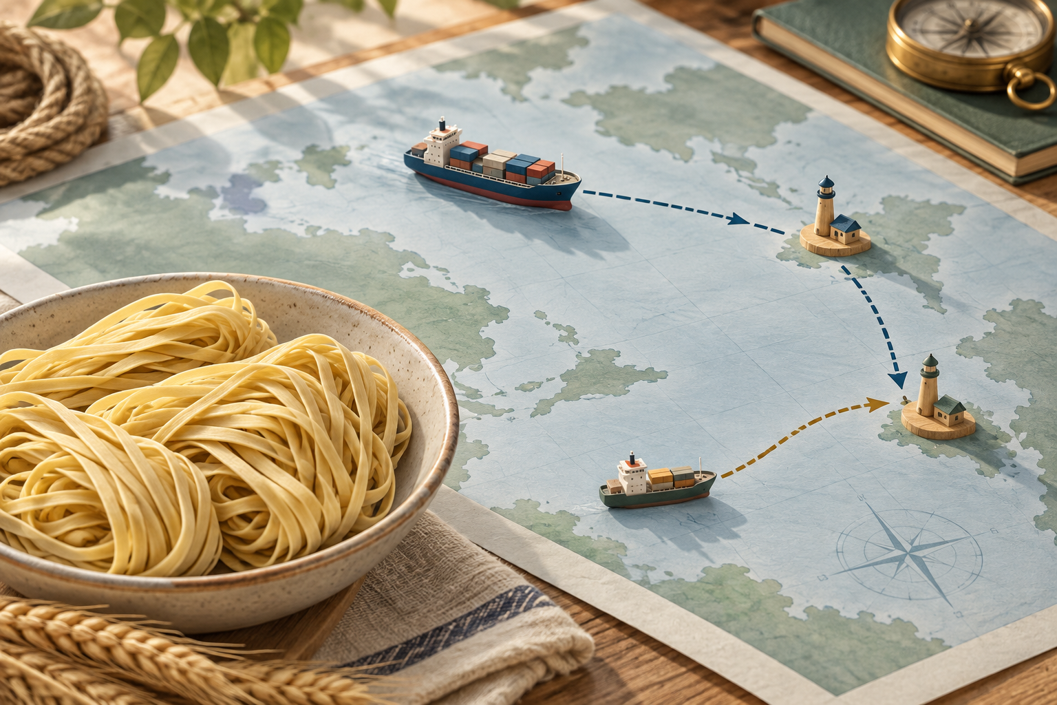 Editorial illustration of model ships and port markers on a conceptual route map beside wheat noodles.