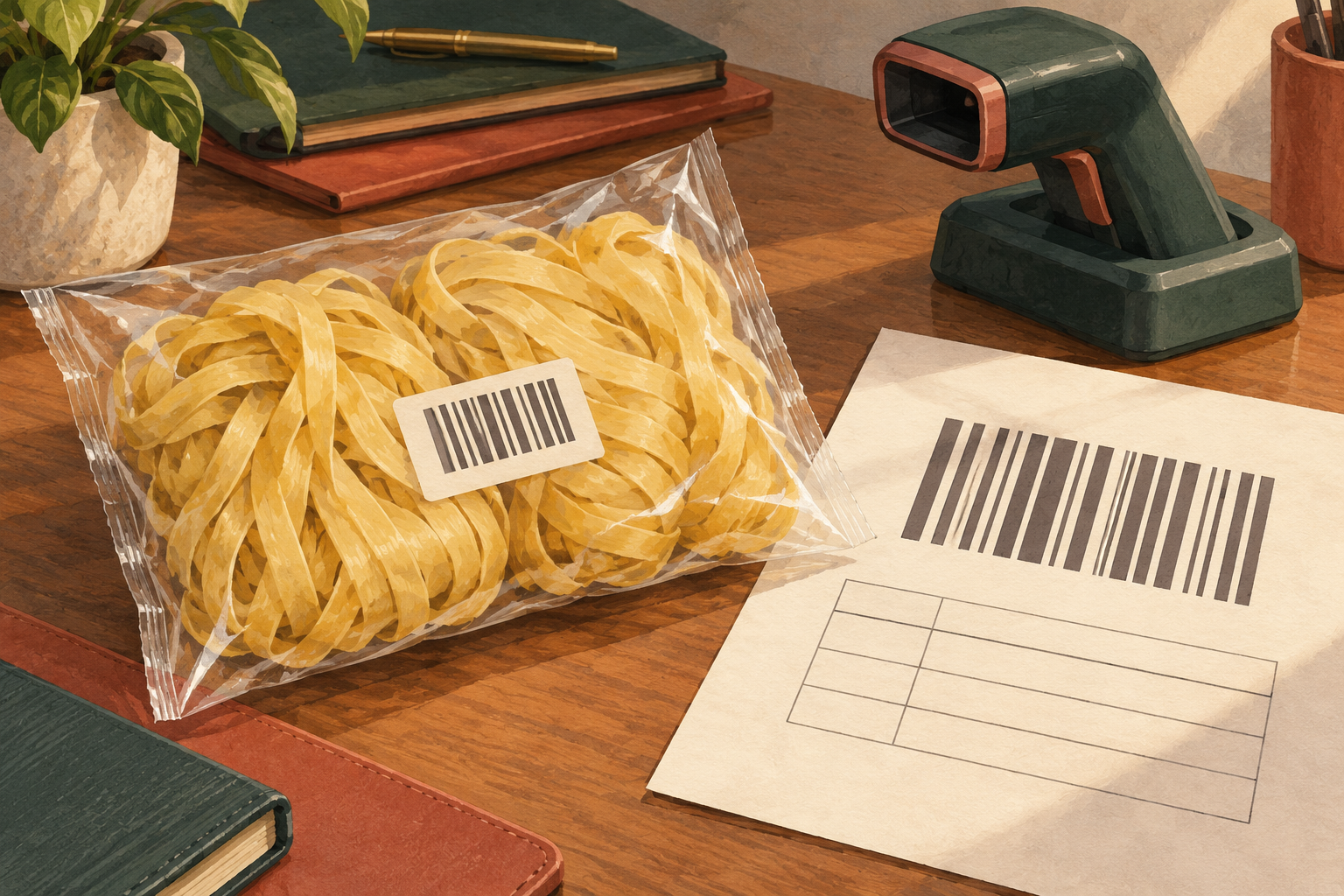 Concept illustration of wheat-noodle packaging beside a barcode report sheet and scanner