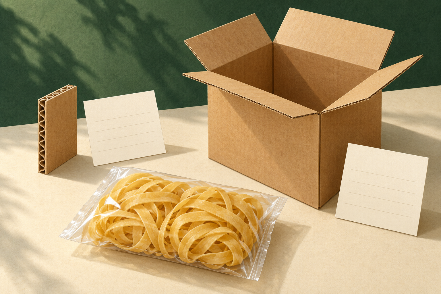 Illustrated corrugated board sample and assembled carton with separate blank report cards beside packaged wheat noodles.