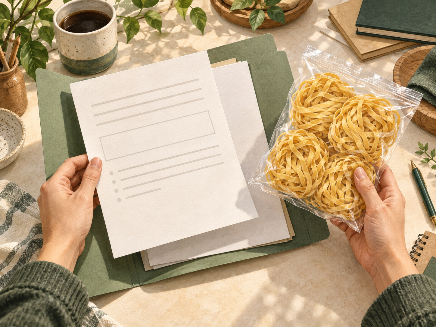 Illustration of reviewing a document request beside a golden wheat noodle sample