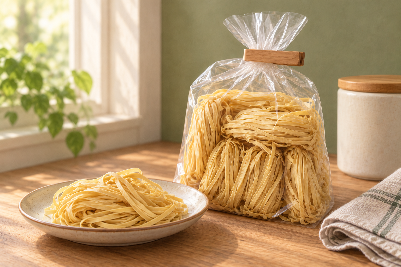 Editorial illustration of a partly used wheat-noodle bag with a clip and a separate portion.