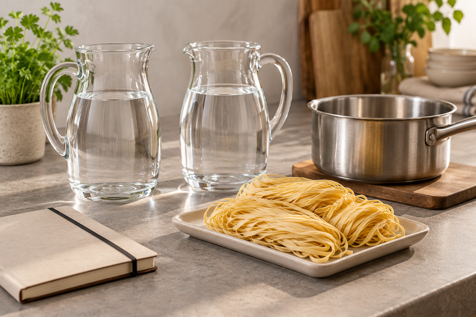 AI illustration of golden wheat noodles beside two clear water jugs and a saucepan