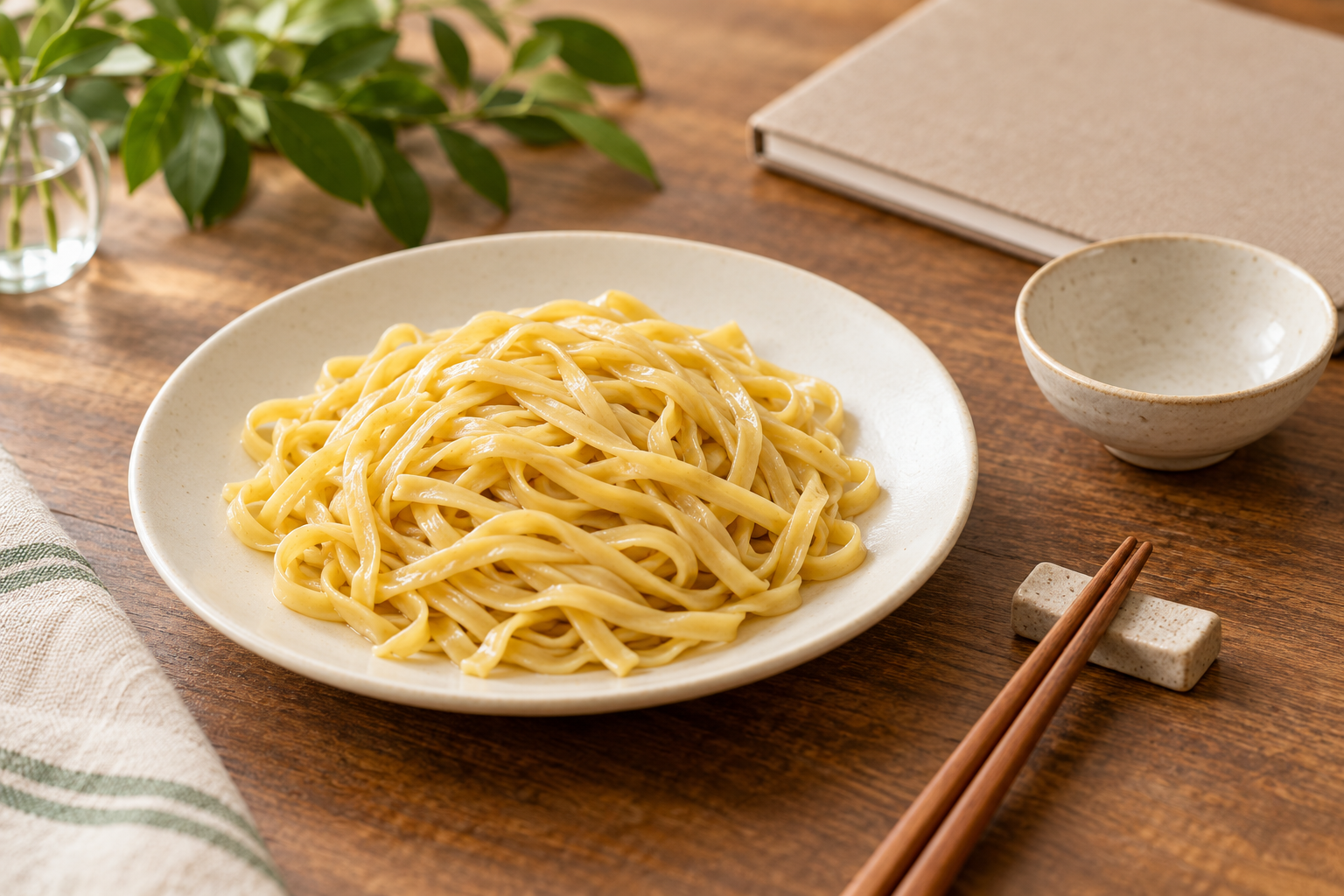 AI illustration of golden wheat noodles on a tasting plate beside chopsticks and a notebook