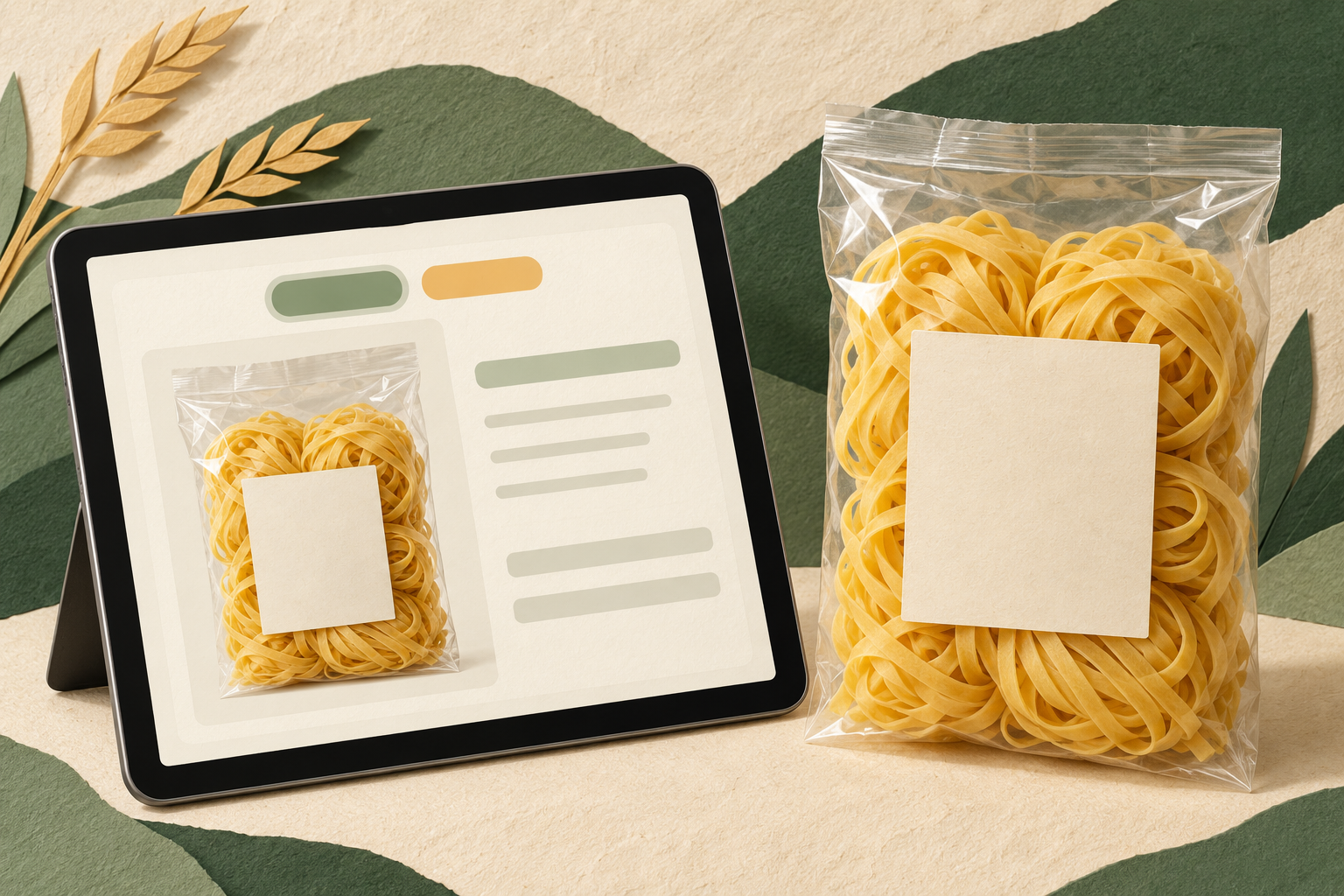 Illustrated noodle pouch beside a tablet showing a matching product and blank information blocks.