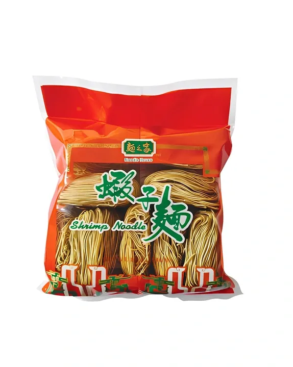 Shrimp noodles product packaging representing flavored noodle supply