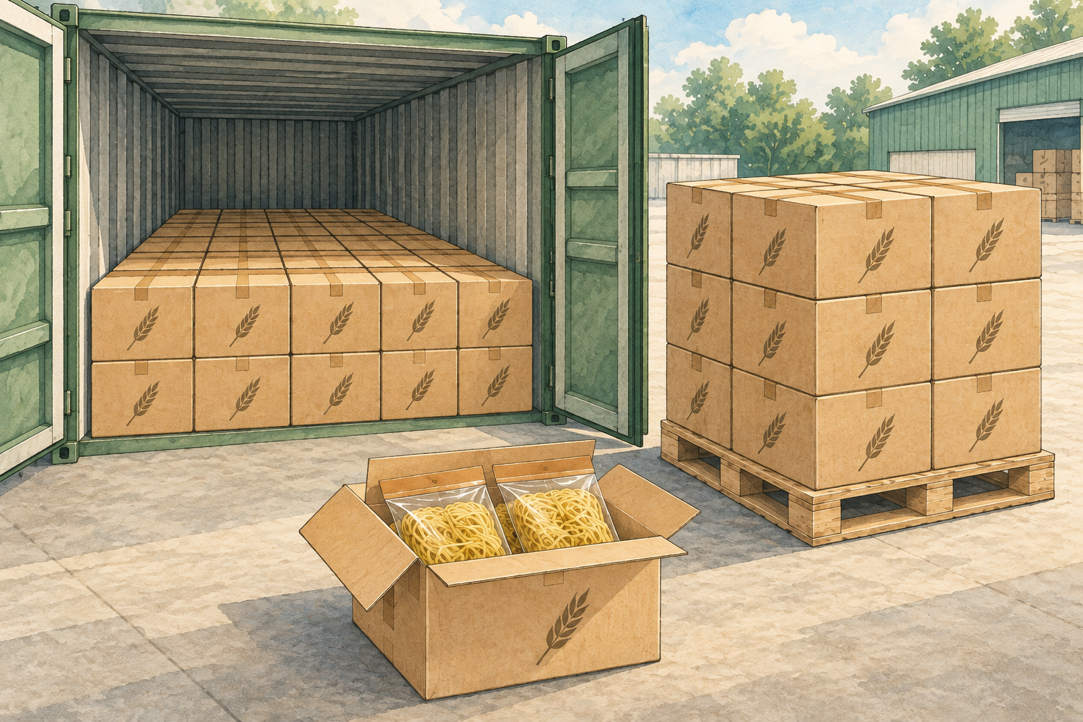 Concept illustration comparing floor-loaded noodle cartons with cartons stacked on a pallet