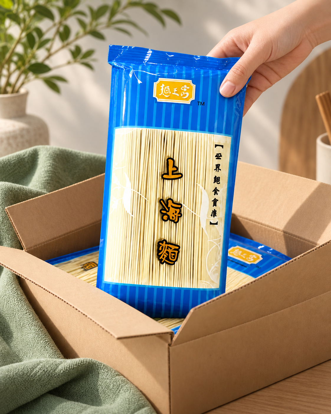 Shanghai Noodle blue packaging in an illustrative wholesale carton scene