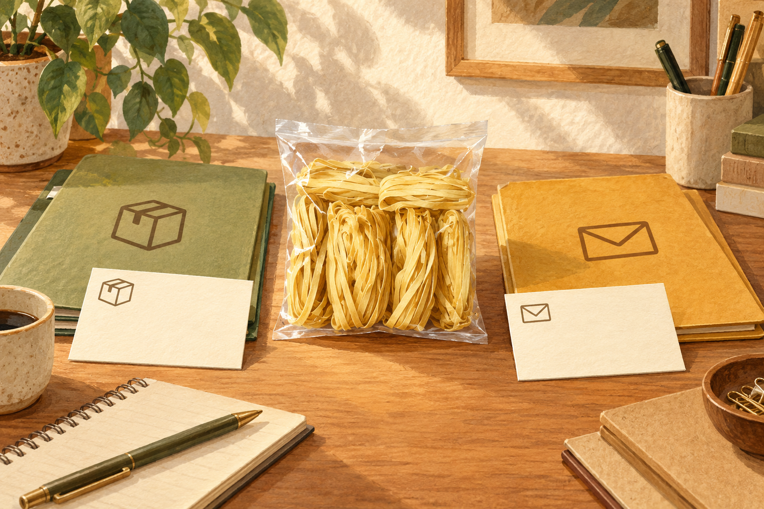 Illustrated wheat noodle pouch between two distinct folders marked with parcel and correspondence symbols.
