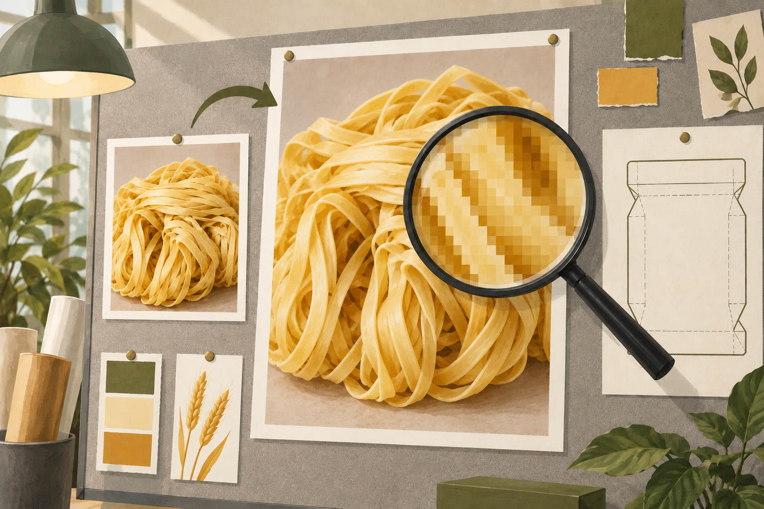 Conceptual noodle artwork shown at two print sizes with a magnified pixel detail on a design board.